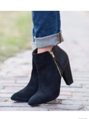 Black Suede and Leather Zip-Accent Ankle Boots